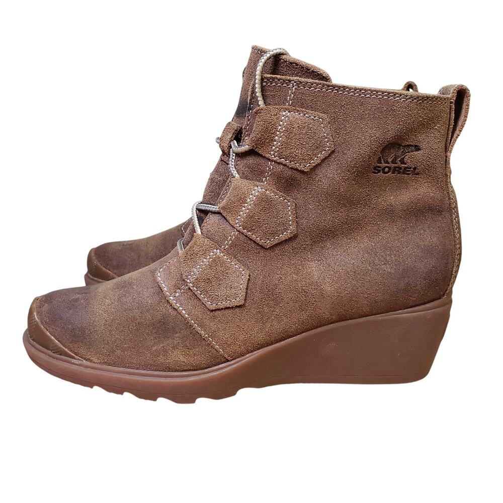 Sorel Women's 8 Toronto Waterproof Lace Wedge Ankle Booties Brown Suede Gorpcore